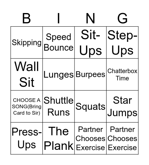 Fitness Bingo Card
