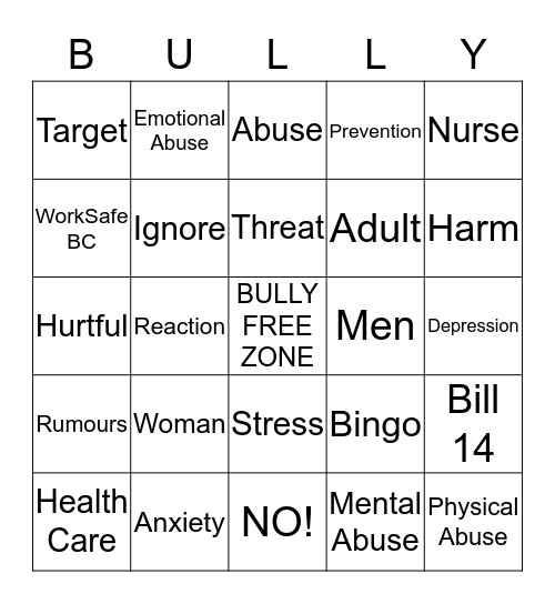 Workplace Bullying Prevention Bingo Card