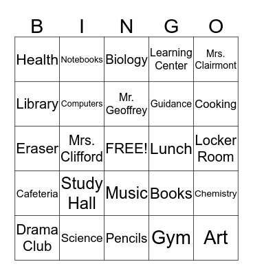 Back to School Bingo Card