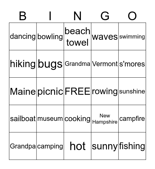 Summer Vacation Bingo Card