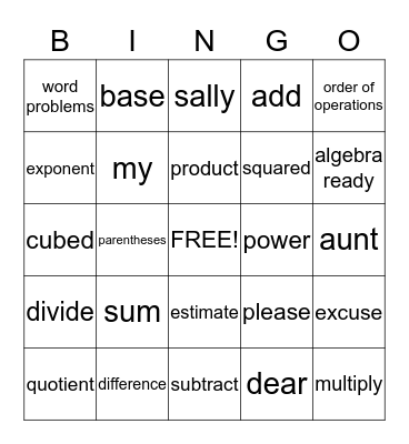 Algebra Ready Bingo Card