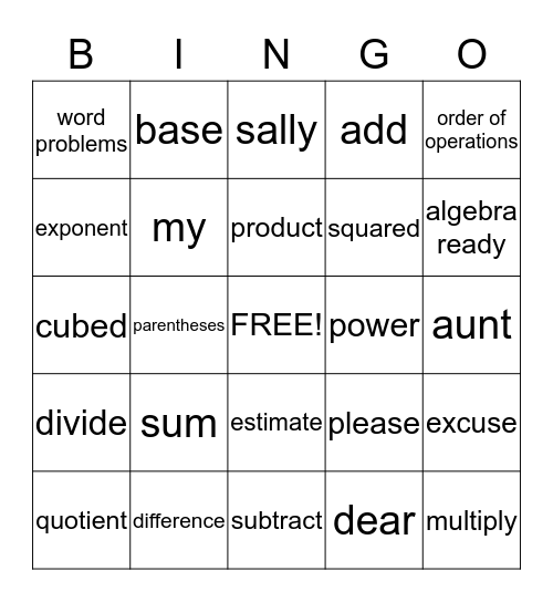 Algebra Ready Bingo Card