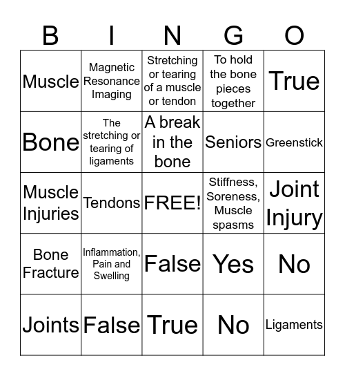 Bones, Joints and Muscle Injuries Bingo Card