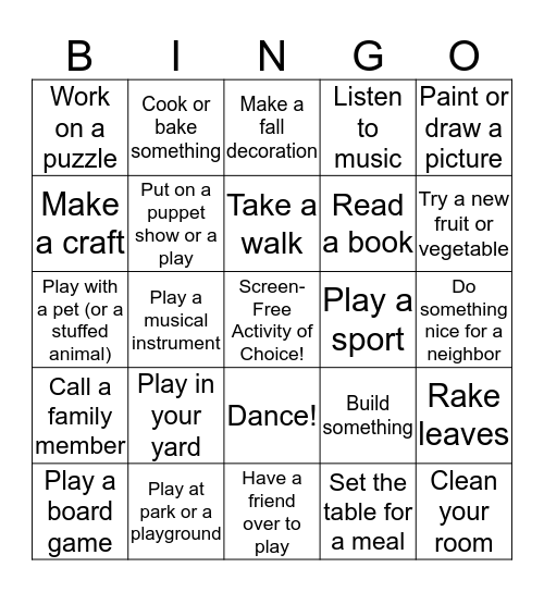 Screen Free Bingo  Bingo Card