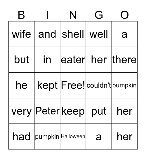 Peter, Peter Pumpkin Eater Bingo Card