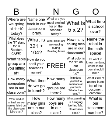 P3 Classroom BINGO Card