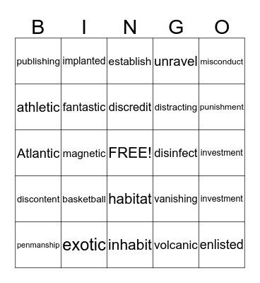 Three Syllable Words Bingo Card