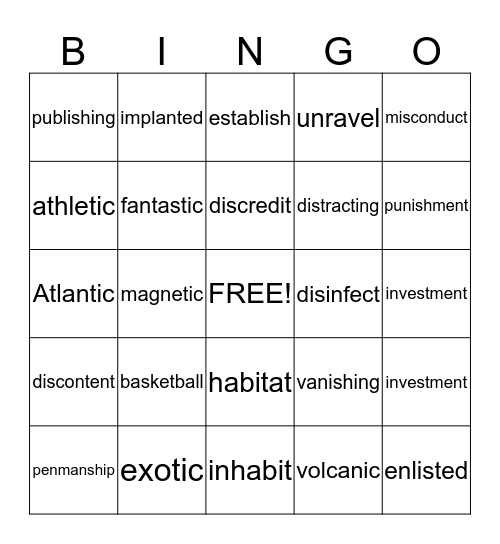 Three Syllable Words Bingo Card