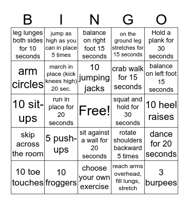 Mrs. Starrett's FITNESS BINGO Card