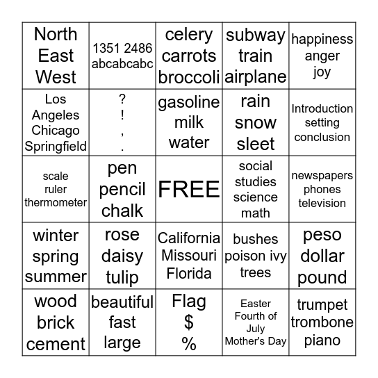 Categories Bingo Card