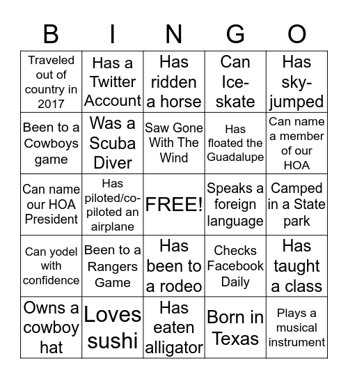 Ice breaker Bingo Card