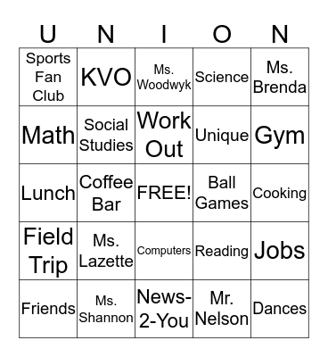 High School Bingo Card