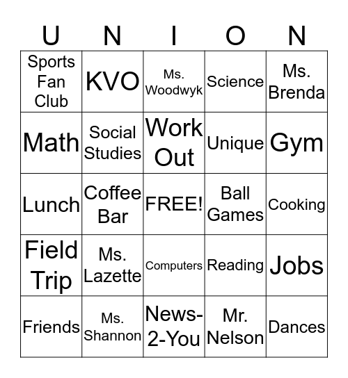 High School Bingo Card