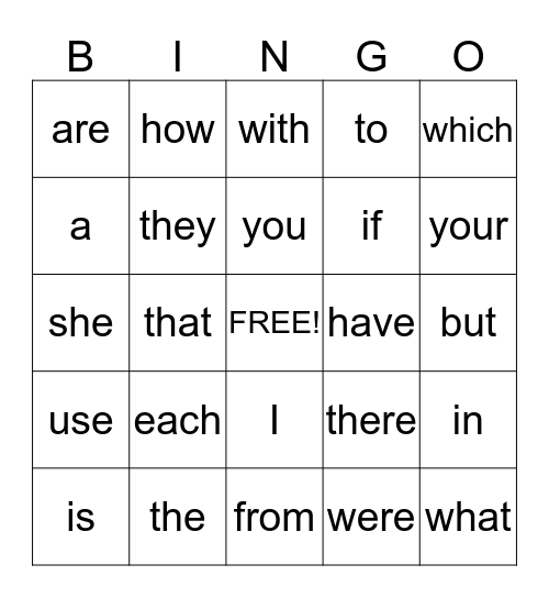 Sight Word Bingo Card