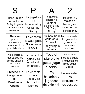 Bingo de la clase de Español 2- B Block (Halloween 2017) Bingo Card