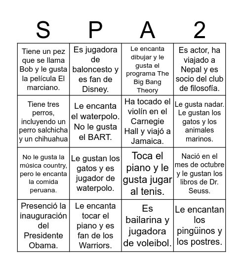Bingo de la clase de Español 2- B Block (Halloween 2017) Bingo Card
