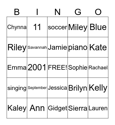 Caitlyn Bingo Card