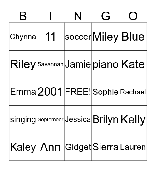 Caitlyn Bingo Card