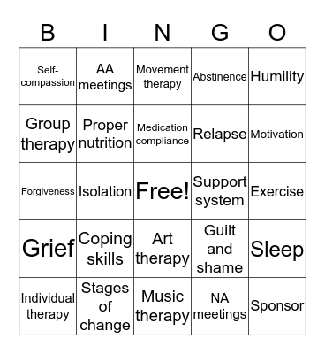 Recovery Bingo Card