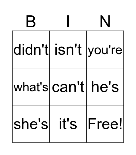 Contractions Bingo Card