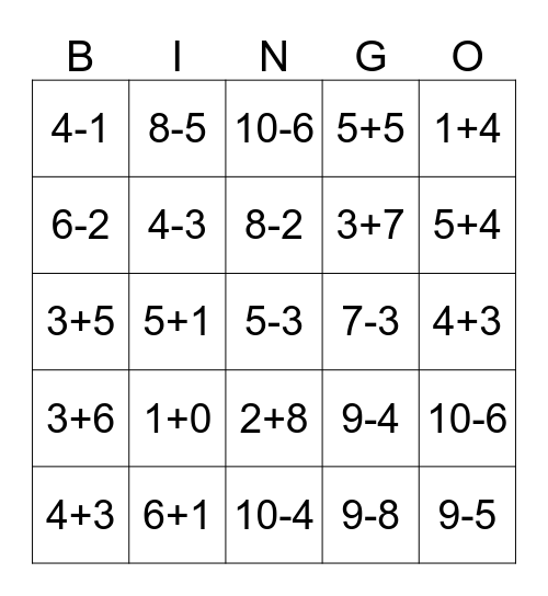 ADD AND SUBTRACT Bingo Card