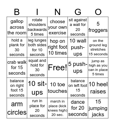 Mrs. Starrett's FITNESS BINGO Card