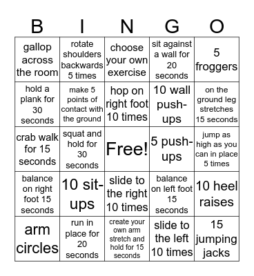 Mrs. Starrett's FITNESS BINGO Card