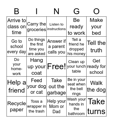 Responsibilty Bingo Card