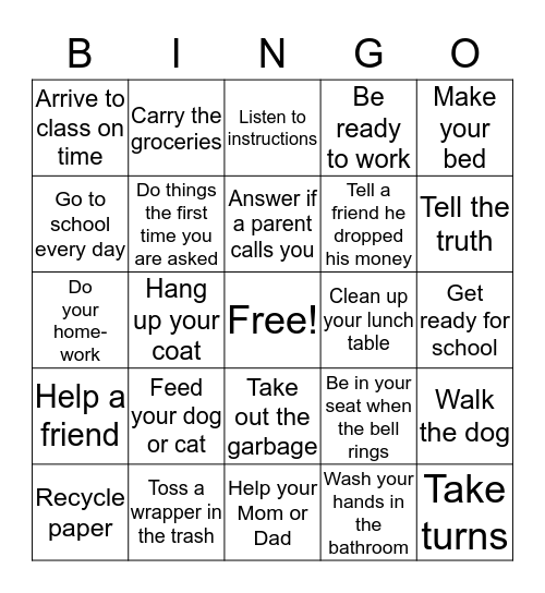 Responsibilty Bingo Card