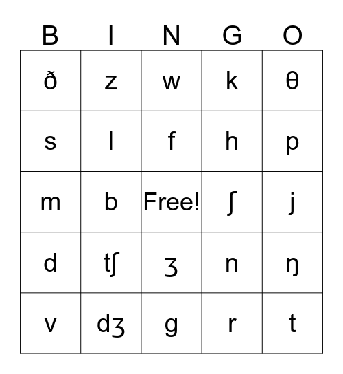 Consonant Bingo Card