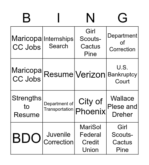 Career Kick Starter Bingo Card