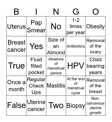 Breast Health and Reproductive Cancers Bingo Card