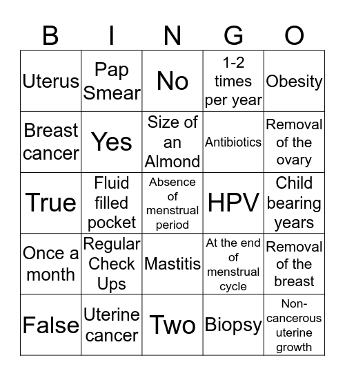 Breast Health and Reproductive Cancers Bingo Card