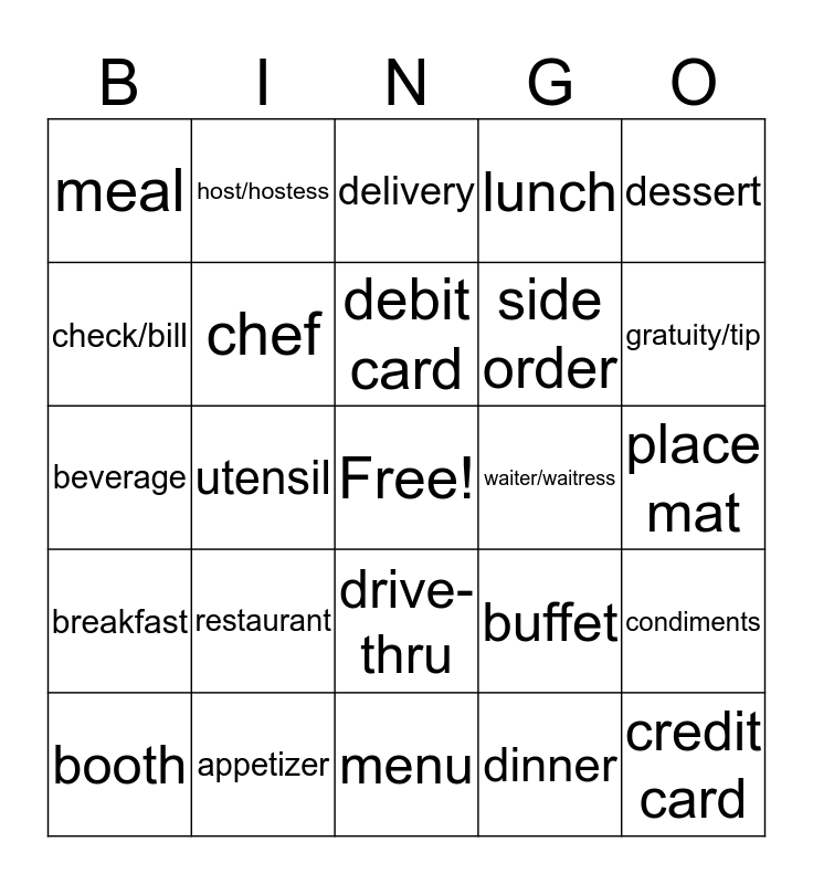 Restaurant BINGO Card