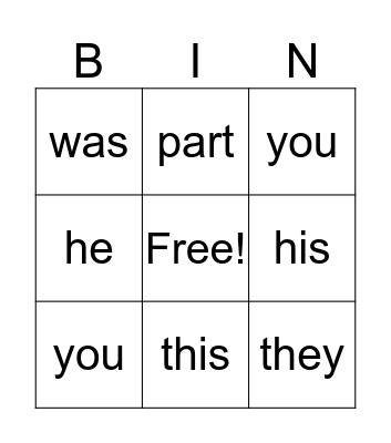 sight words Bingo Card