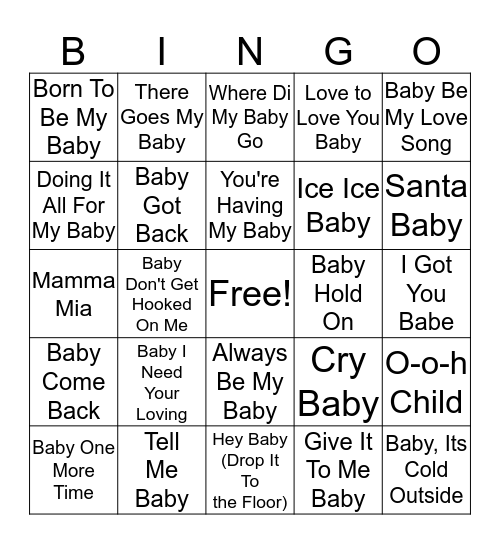 Kelsey's Baby Music Bingo Card