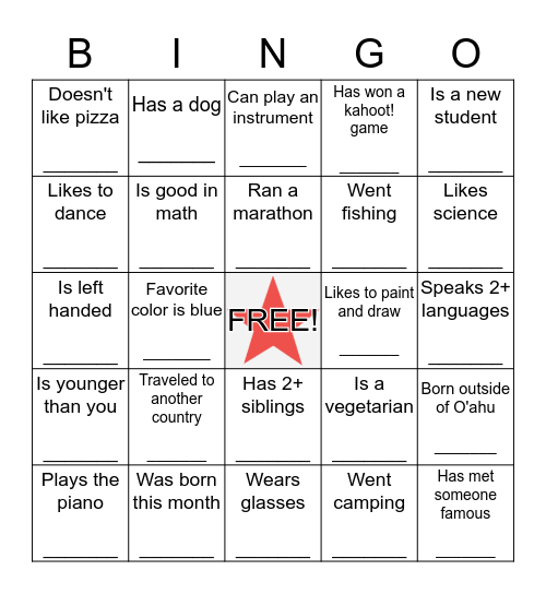 ICE BREAKER Bingo Card