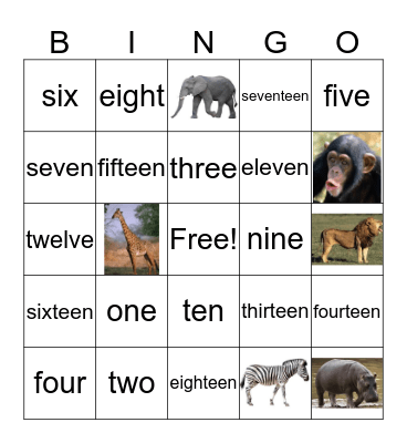 Animals and Numbers Bingo Card