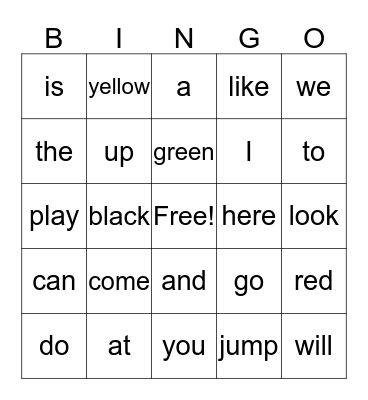 sight words Bingo Card