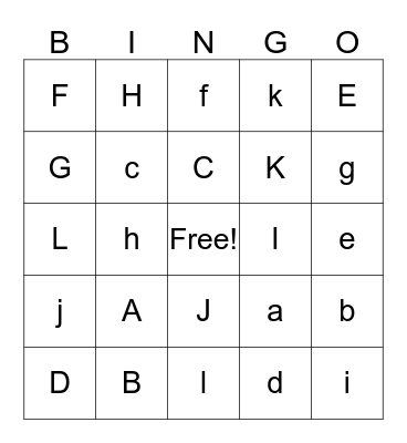 Letters A-L Bingo Card