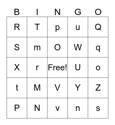 Letters m-z Bingo Card