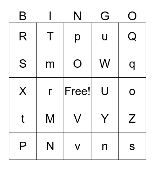 Letters m-z Bingo Card