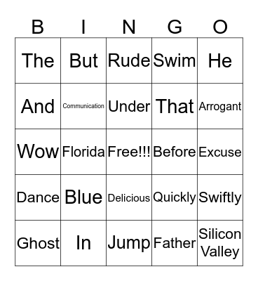 Parts of Speech Bingo Card