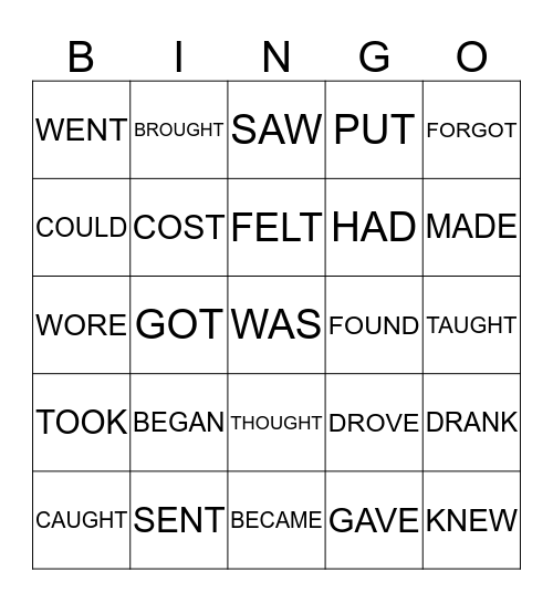 VERBS IN THE PAST Bingo Card