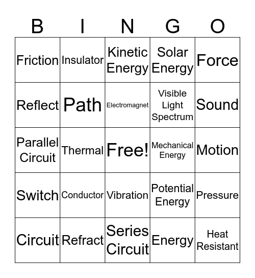Force, Motion and Energy Bingo Card