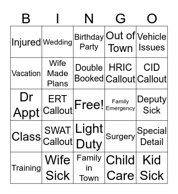 Disney Offduty Excuses Bingo Card