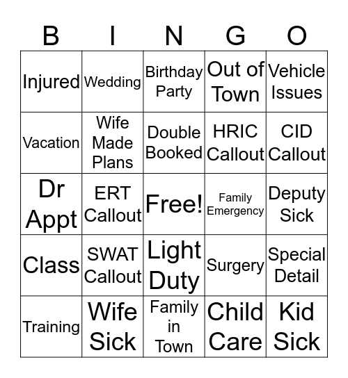 Disney Offduty Excuses Bingo Card