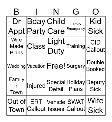 Disney Offduty Excuses Bingo Card