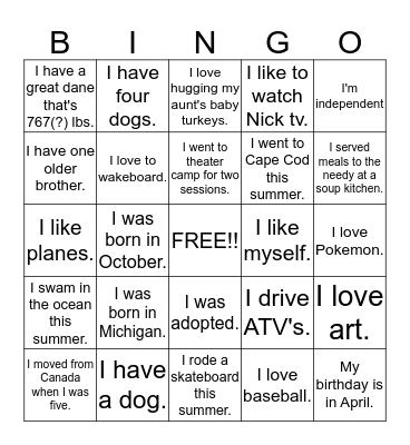 Ms. Dow's Class 2013-2014 Bingo Card