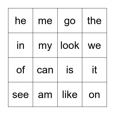 Sight Words Bingo Card